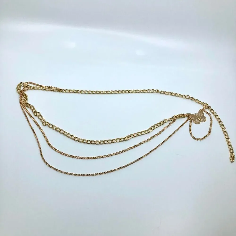 Women's Gold Butterfly Layered Chain Belt, 37 Inches, X7G9A1047